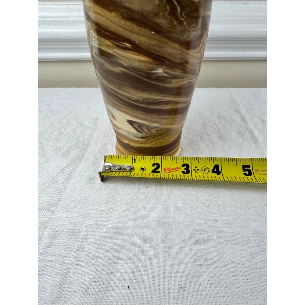 Hand Thrown Studio Pottery Marbled Agateware Vase Brown Tan Signed 6.75